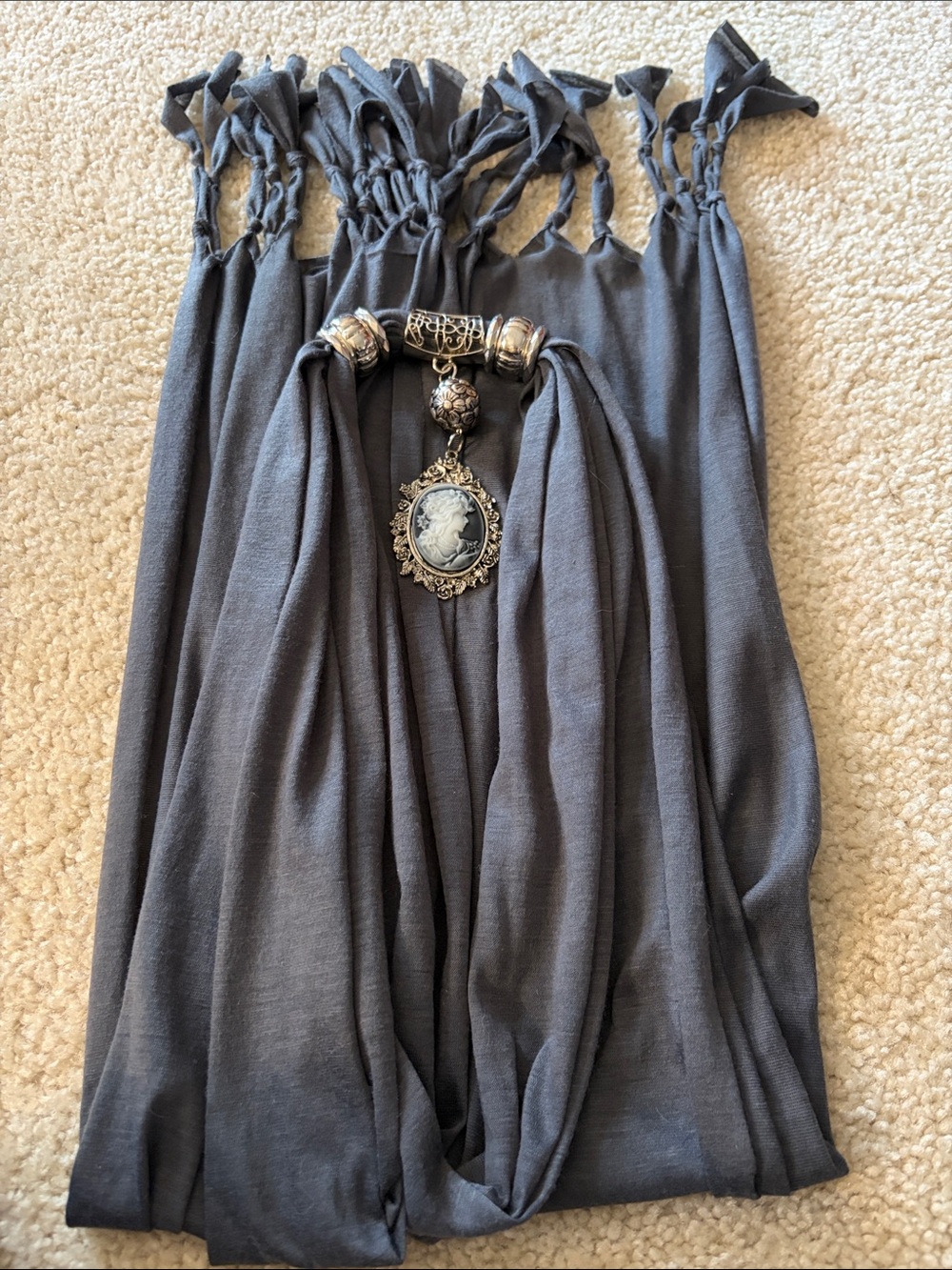 Gray Cameo Pendant Scarf Necklace - Women's Fashion Jewelry - Picture 5 of 14